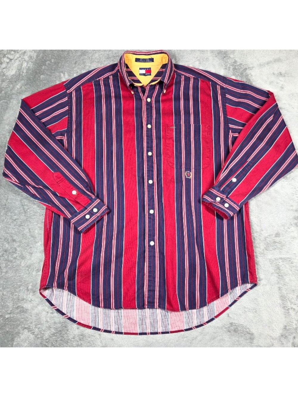 Vintage Tommy Hilfiger Shirt Mens Medium Red Stripe Corduroy Crest 90s Preppy